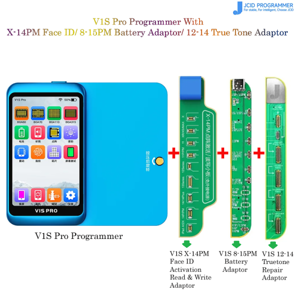 JCID V1S Pro Programmer With V1S X-14PM Face ID / 8-15PM Battery Adaptor / 12-14 Truetone Repair Adaptor Combo Set